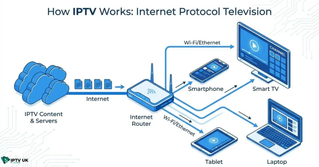 Diagram explaining how uk iptv streams channels to multiple devices through the internet
