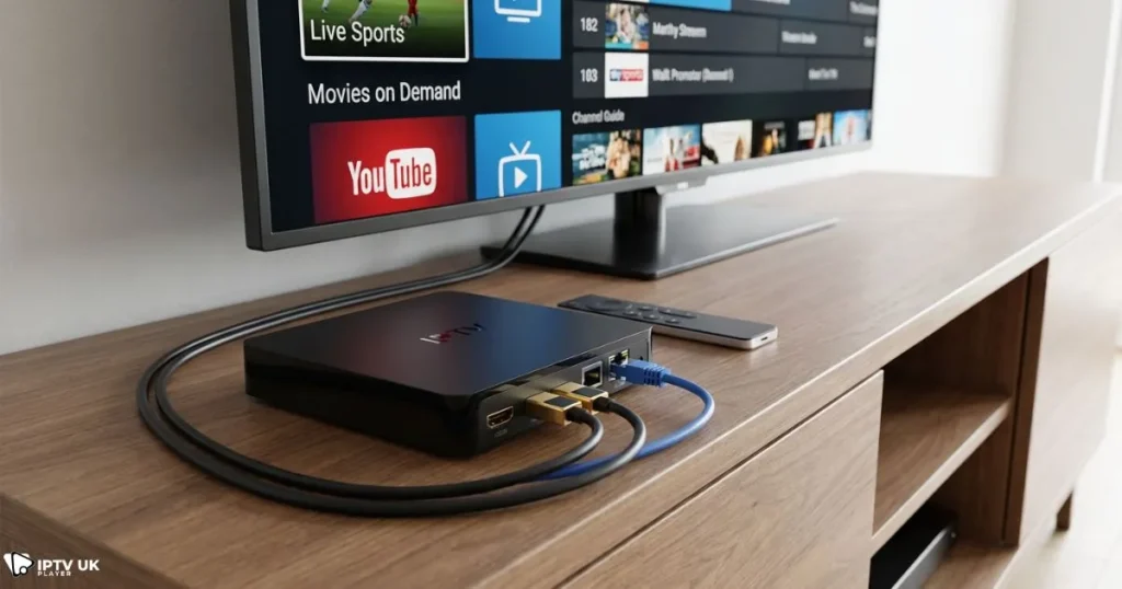 IPTV box UK connected to TV showing IPTV streaming device setup