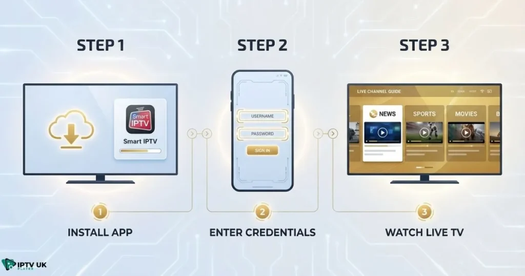 Step-by-step guide showing how to log into IPTV using IPTV login credentials on different devices.
