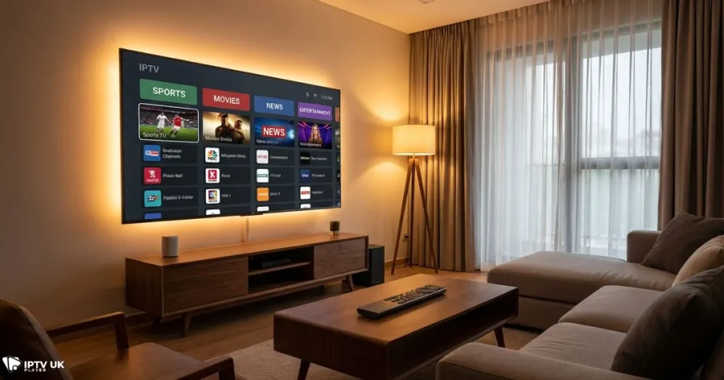 IPTV apps for smart TV displaying a clean channel guide interface on a large television screen.