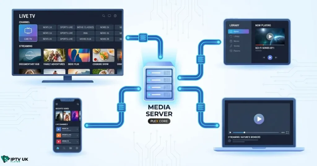 Diagram showing how plex for iptv streams content from a media server to multiple devices