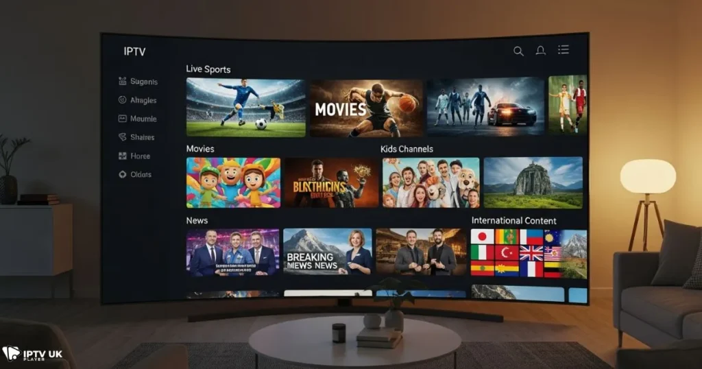 Smart TV interface showcasing diverse hot iptv channels including sports and international content