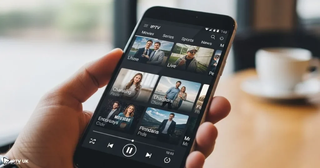 Best IPTV app Android interface showing live TV channels and category navigation on a smartphone.