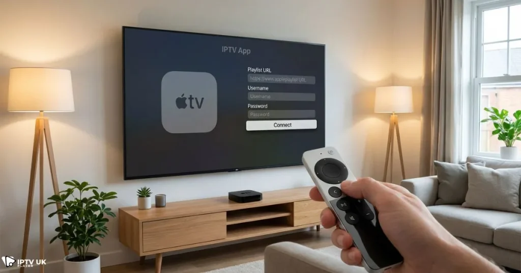 Step-by-step IPTV setup Apple TV screen showing playlist configuration and app settings.”