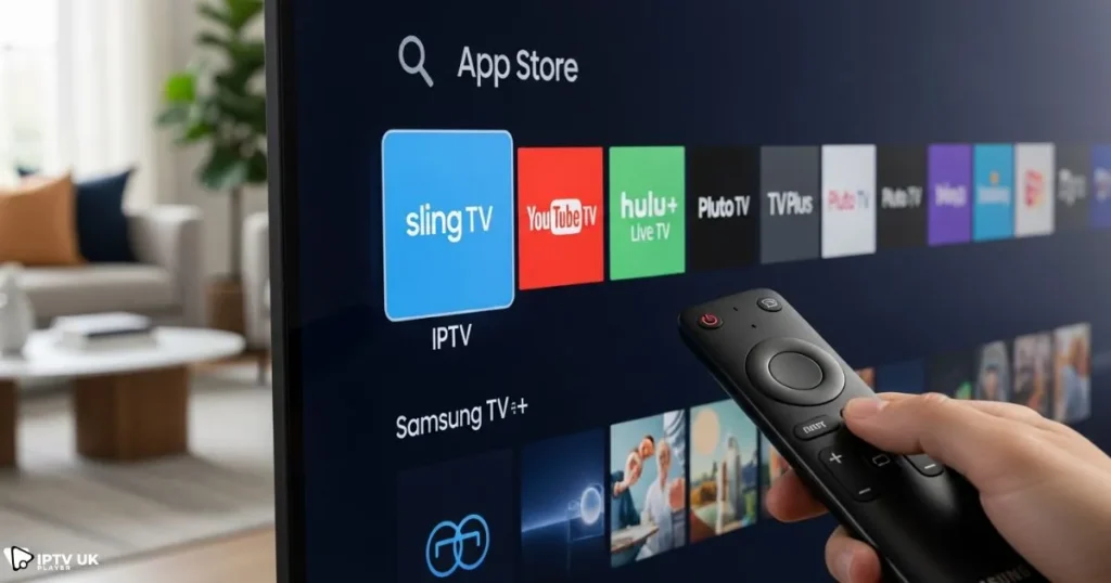Samsung TV IPTV app interface shown on a smart television with remote control navigation.