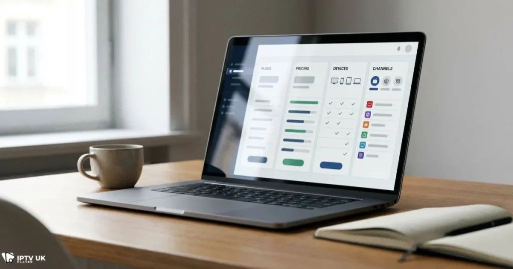 Comparing cheap IPTV UK plans on a digital dashboard to find the best budget IPTV option