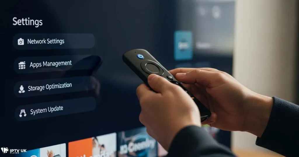 Step by step Firestick IPTV setup process shown on a smart TV interface