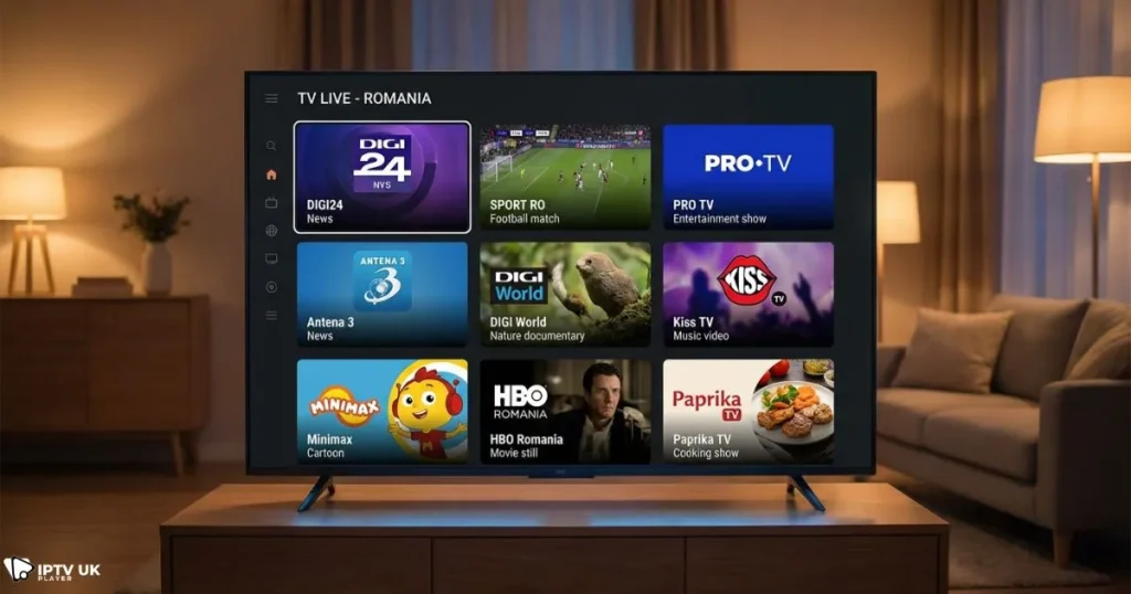 IPTV Romanian channels UK displayed on Smart TV streaming interface