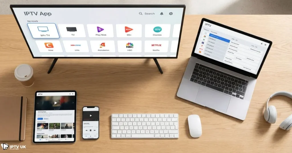 IPTV apps compatible with smart TV, phone, tablet, and laptop for multi device iptv streaming