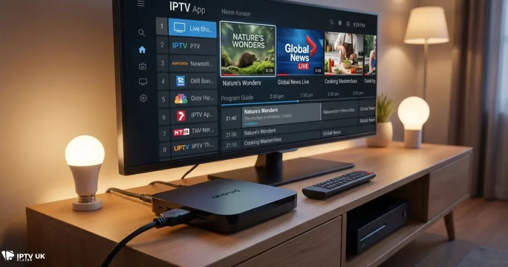 IPTV on Android box showing live channels and program guide on Android TV interface