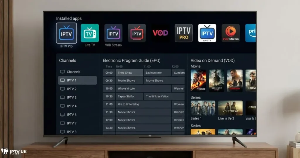 Best IPTV app android box interface with smooth channel navigation and EPG
