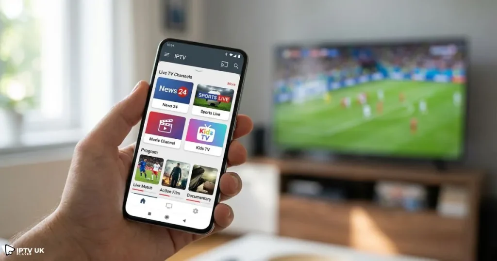 IPTV app for Android streaming live TV channels on a smartphone with smooth interface and clear playback.