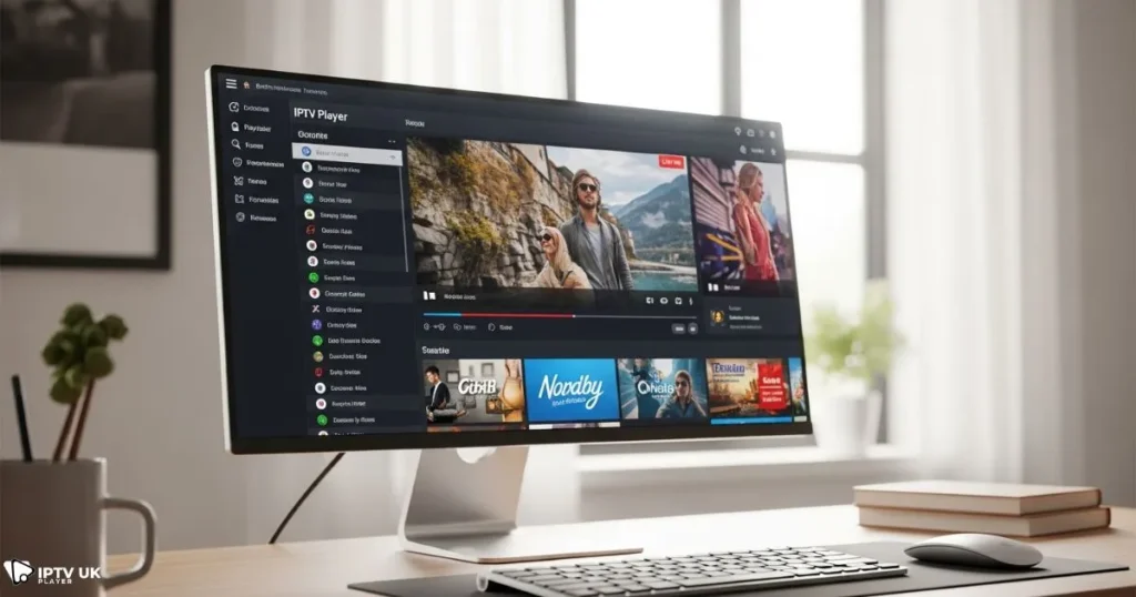 IPTV player Windows setup displaying live streaming channels on a desktop computer monitor.
