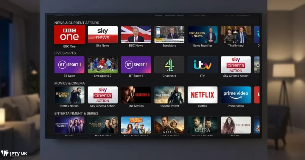 Wide selection of iptv uk channels displayed on modern television interface