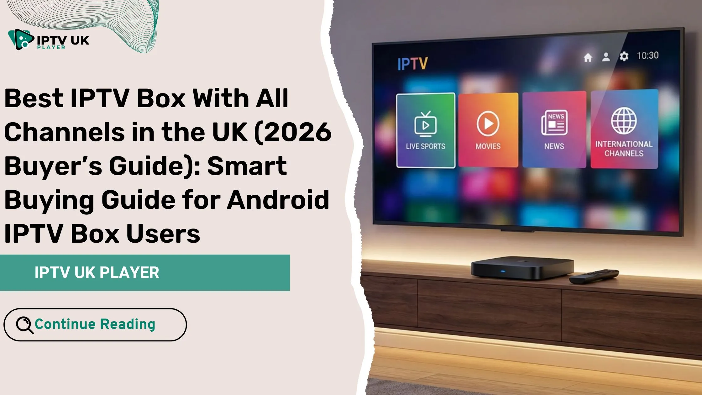 Modern living room setup showing an iptv box with all channels connected to a 4K television streaming live TV and movies.