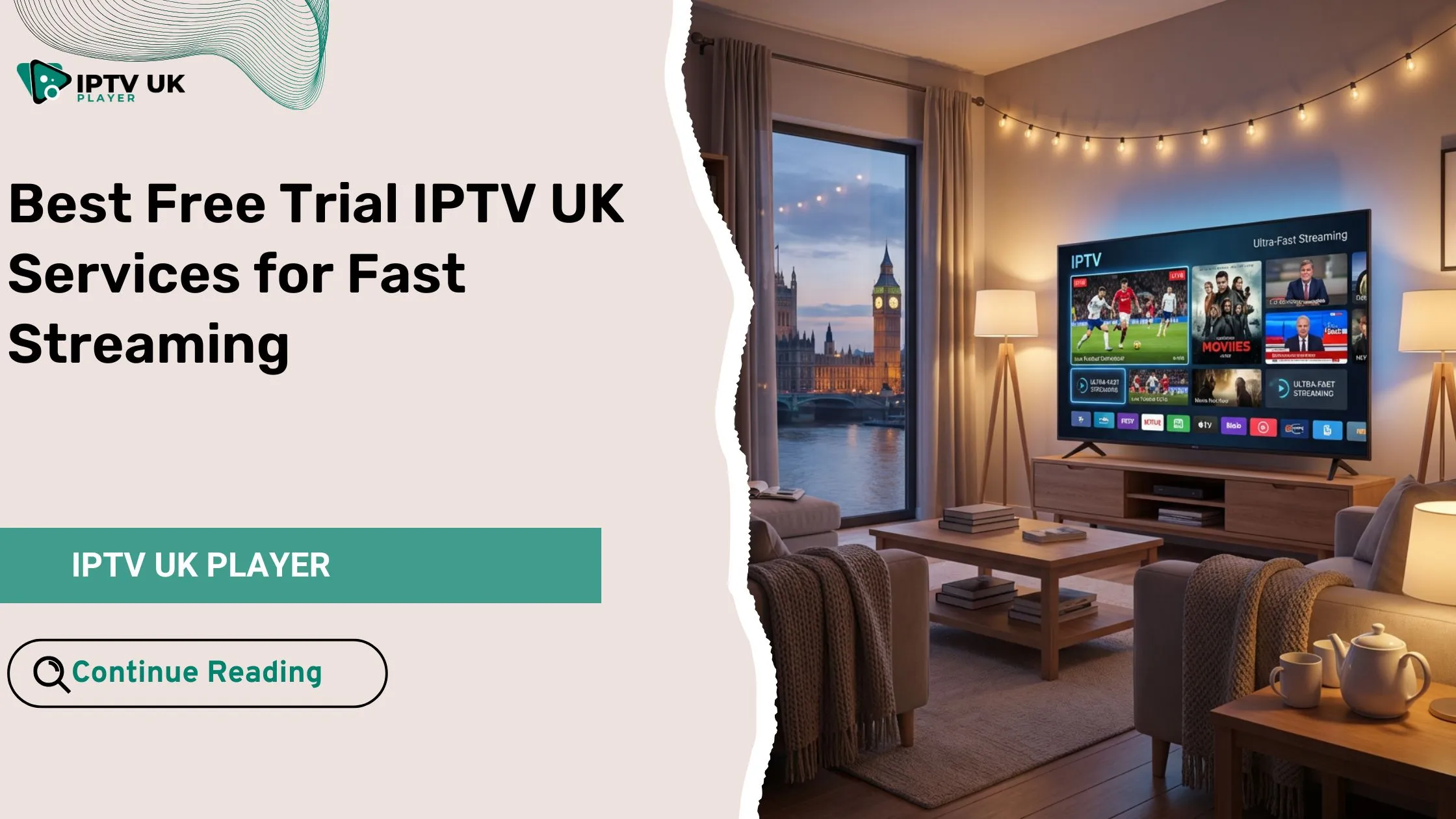 Free trial IPTV UK streaming displayed on a modern smart TV with fast channel loading and premium interface.
