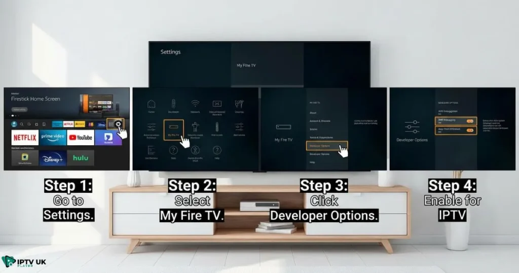 firestick iptv setup showing Fire TV developer options on screen