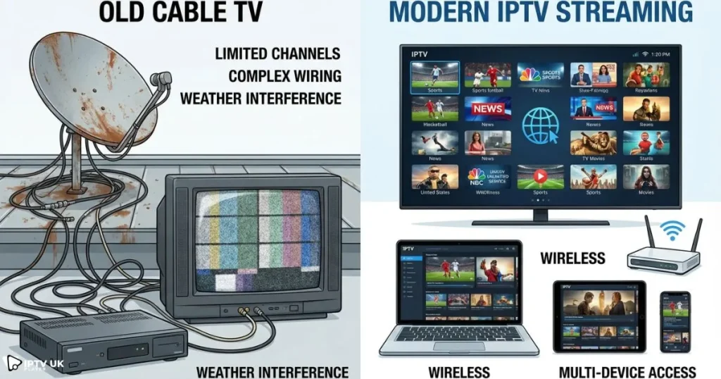 Comparison of traditional cable TV and IPTV USA streaming on multiple internet devices