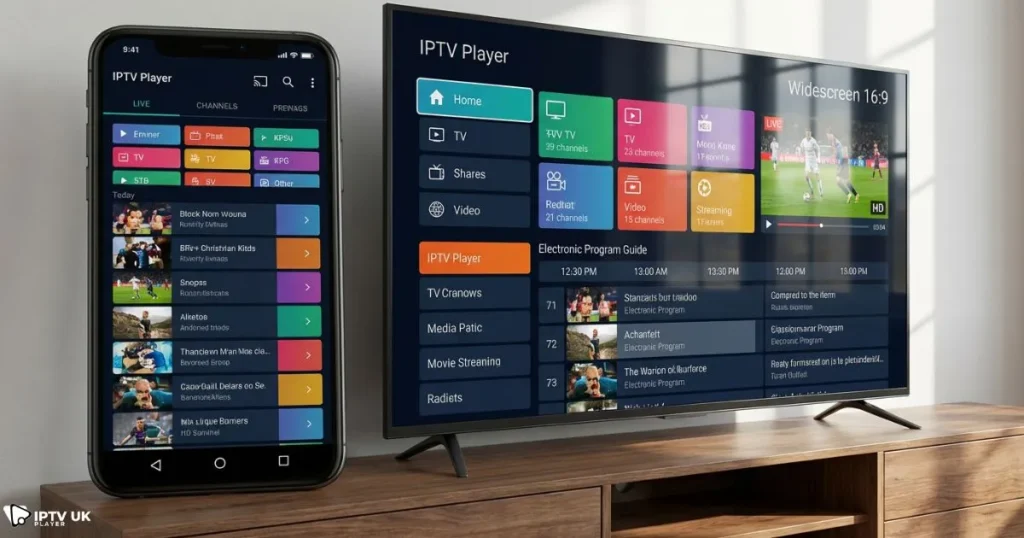 Android IPTV player interface showing channel list and program guide on mobile and Android TV.
