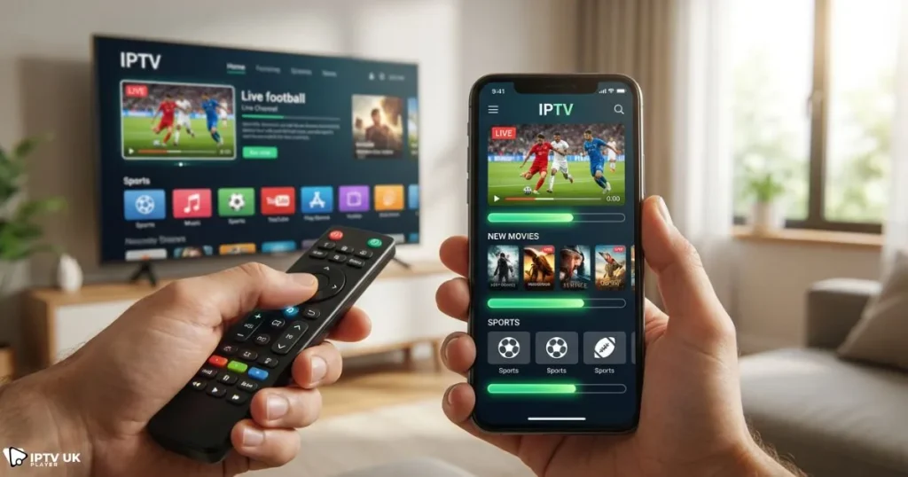 User exploring an IPTV trial UK interface on smart devices to test streaming quality and channel access.