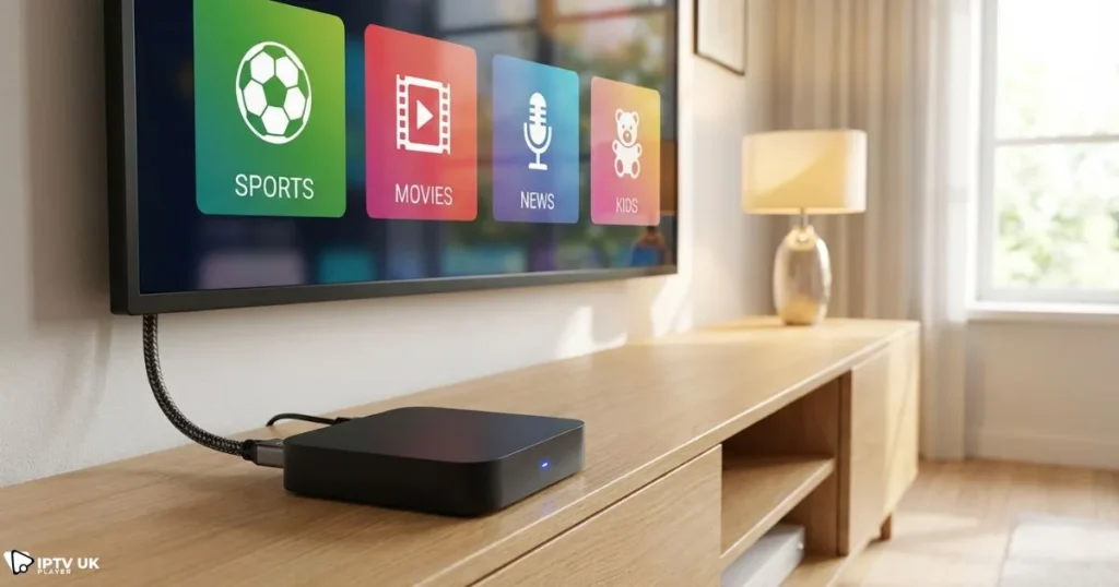 Android IPTV box connected to a TV showing iptv full channels with sports, movies, and international content.