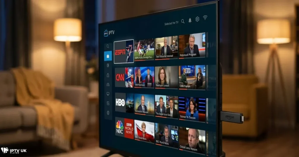 IPTV USA running on Firestick with live American TV channels on smart TV