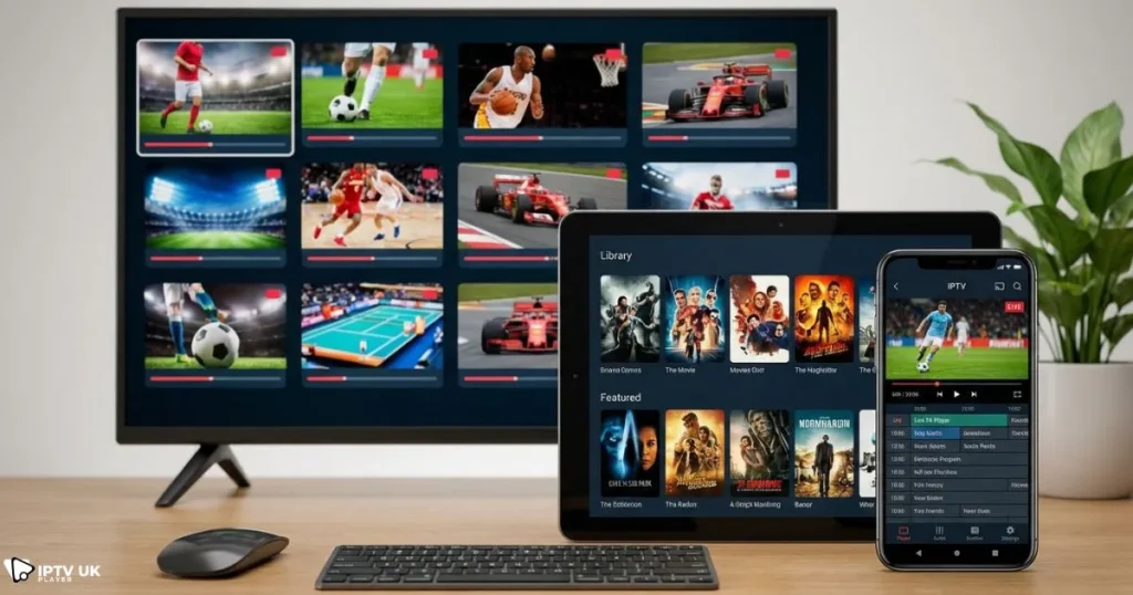 Comparison of multiple android IPTV apps running on different Android devices for streaming.