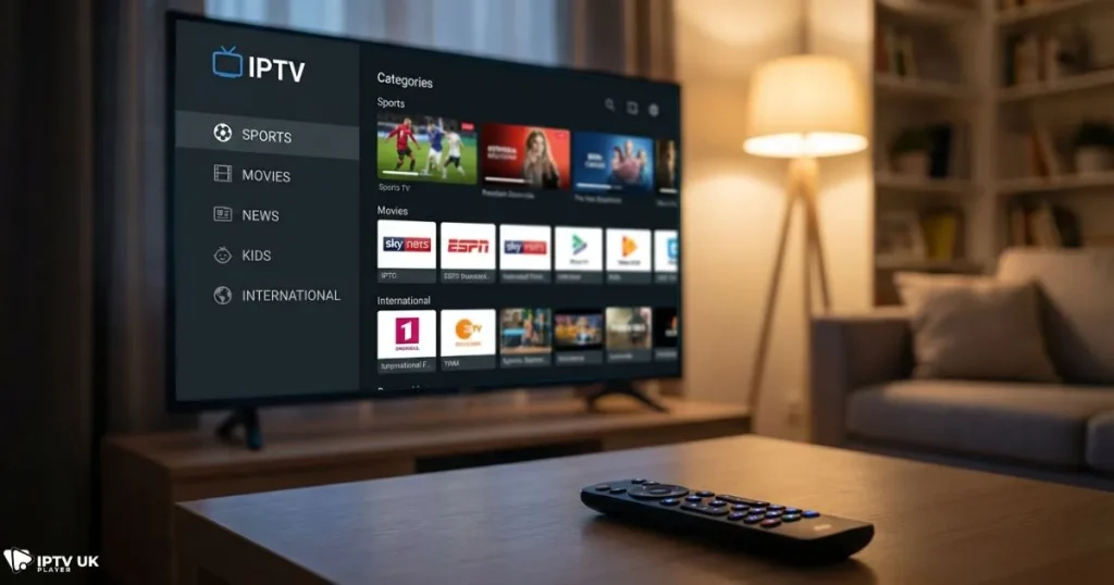 iptv player app interface showing live TV categories and easy navigation on smart TV