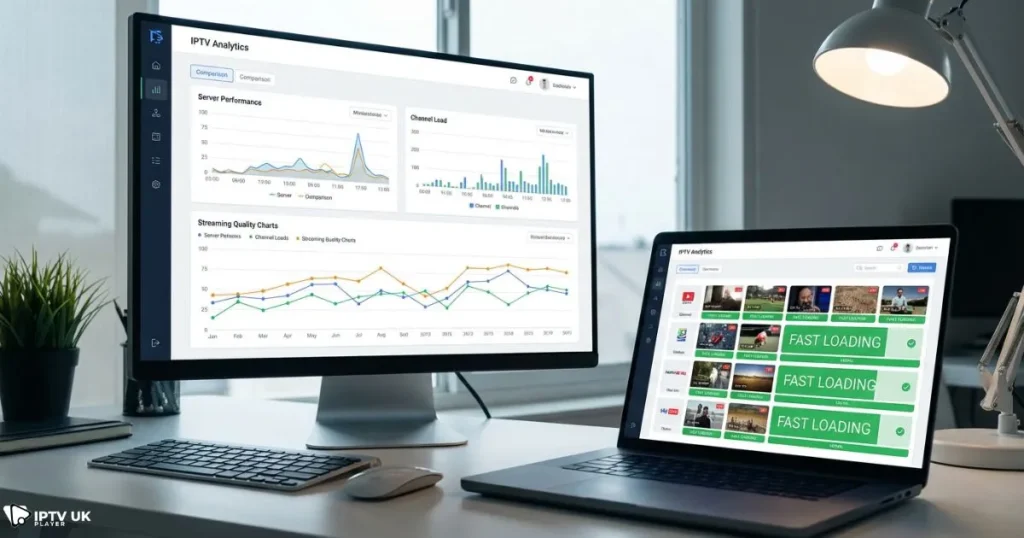 Visual comparison of free IPTV test services highlighting speed, quality, and device compatibility.