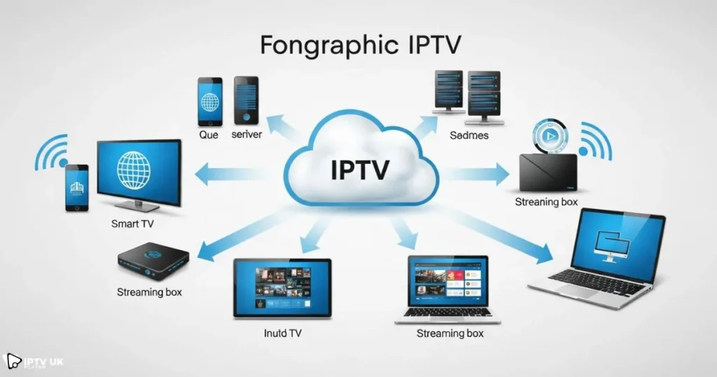 Diagram explaining how sports on IPTV streams live channels from the internet to smart TVs, phones, and computers.