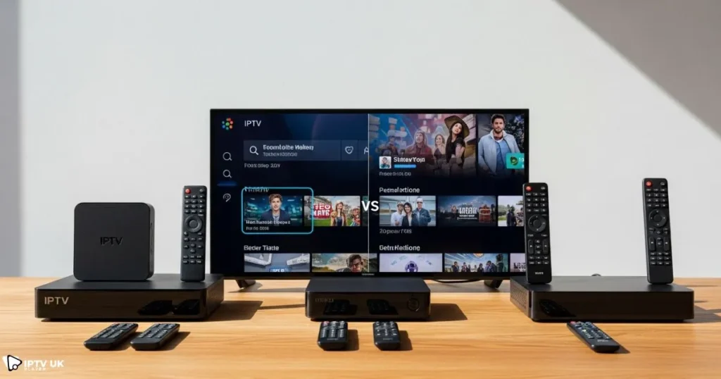 Comparison of devices highlighting features to choose the best iptv box uk for home streaming.