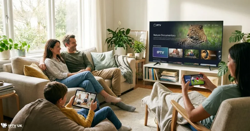 Multi device IPTV setup showing IPTV USA streaming on TV, tablet and phone