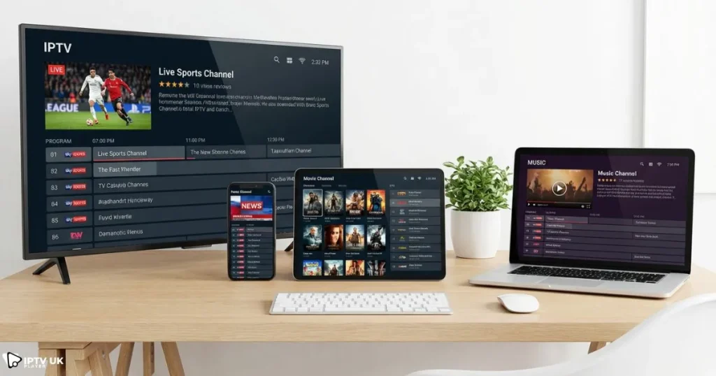multi device iptv app working across TV, phone, tablet, and laptop screens