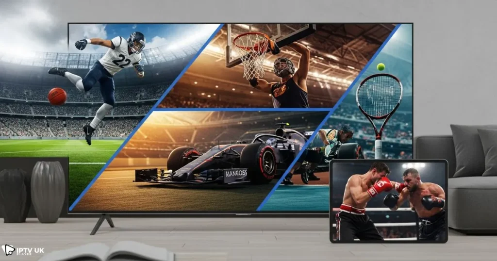 Variety of iptv sports channels showing football, basketball, motorsports, and tennis on a smart TV and tablet.