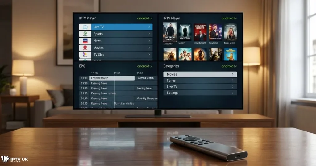 Comparison of the best iptv app android interfaces on a smart TV screen for smooth navigation