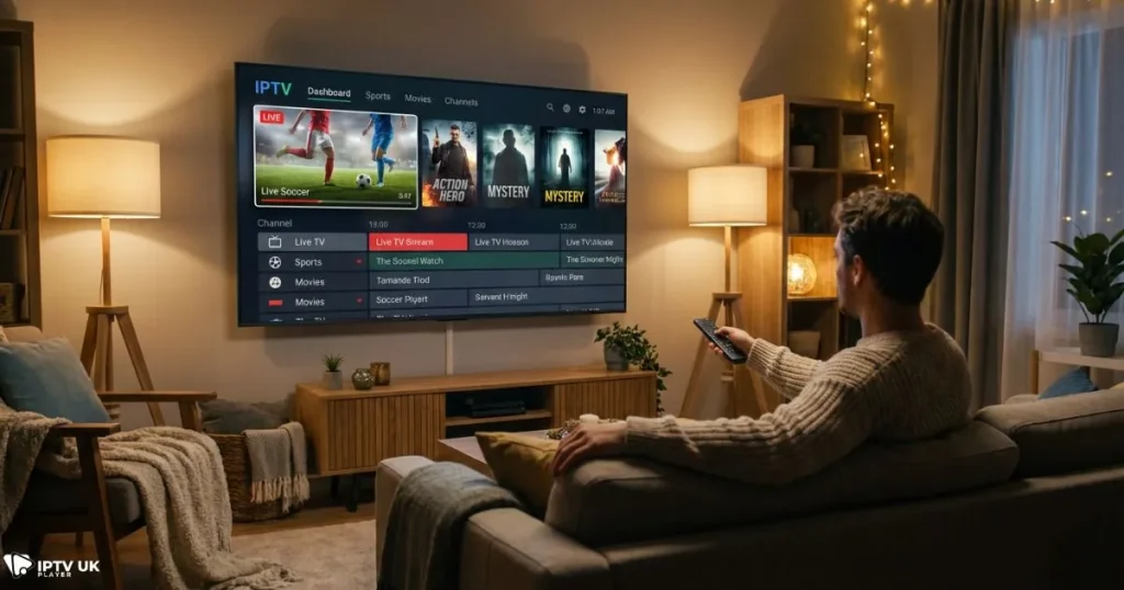 Android tv iptv app interface displayed on a large screen for immersive home streaming