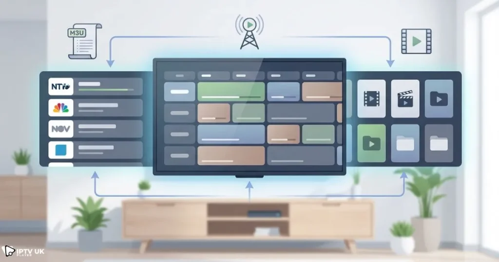 IPTV player app interface showing live TV and VOD features
