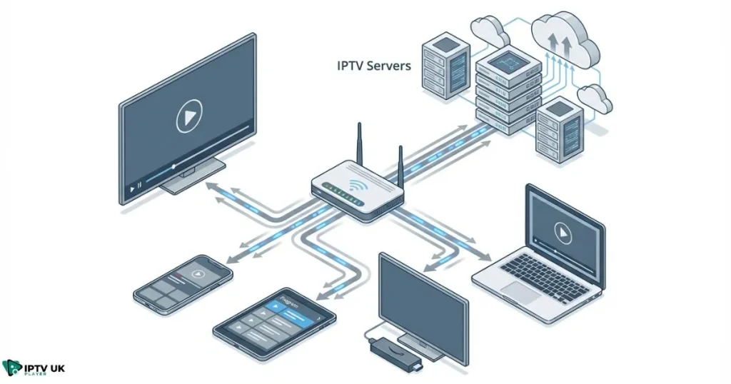 iptv troubleshooting diagram showing how IPTV works across multiple devices