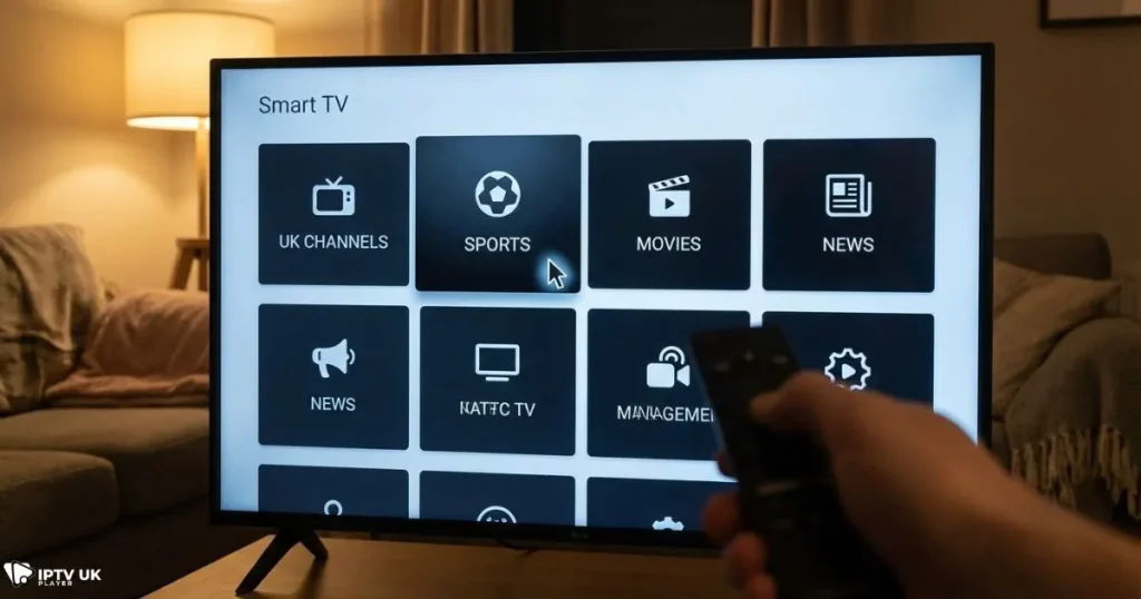 smart iptv app interface on iptv smart tv with live channels