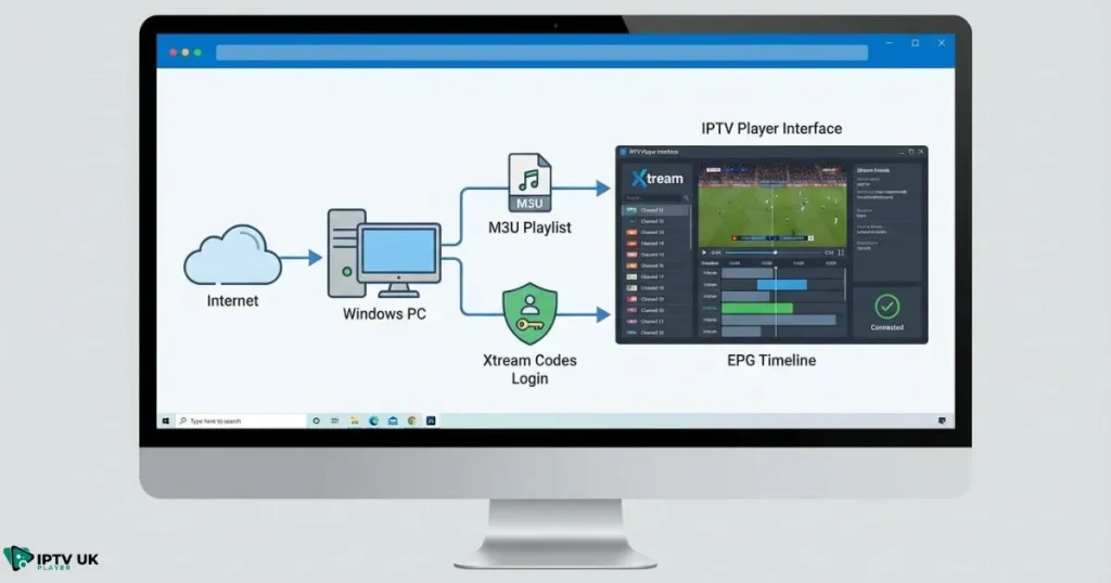 How a windows IPTV app works on a PC using IPTV playlists and login systems