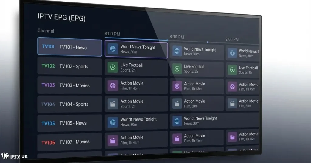 electronic program guide iptv showing live channels and upcoming schedules