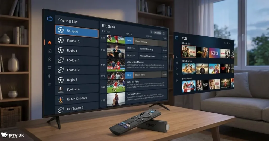 best firestick iptv apps interface shown on a smart TV for UK IPTV apps