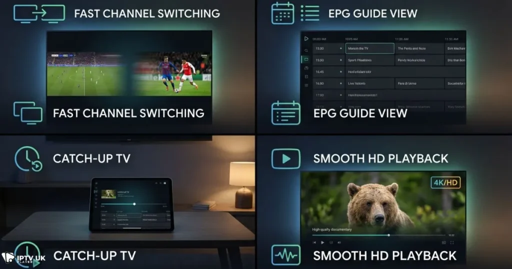 Best IPTV player features including EPG, fast streaming, and Smart TV compatibility