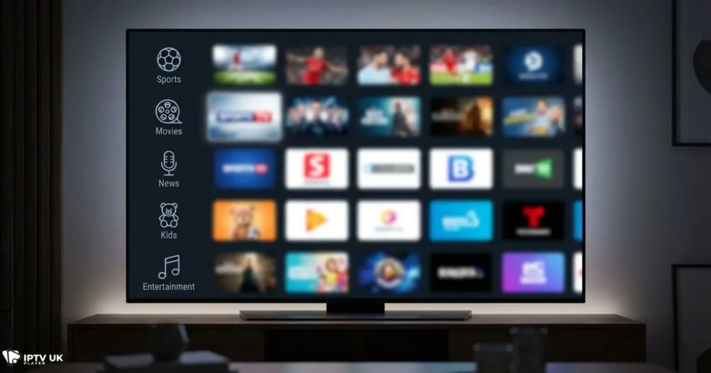 UK IPTV channels list organized by category on a smart TV interface