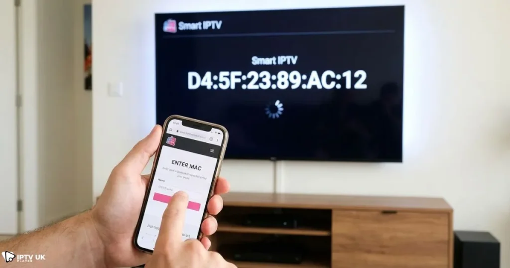 smart iptv setup showing mac address on smart tv screen