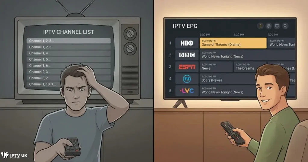 comparison showing epg on iptv versus IPTV without a program guide