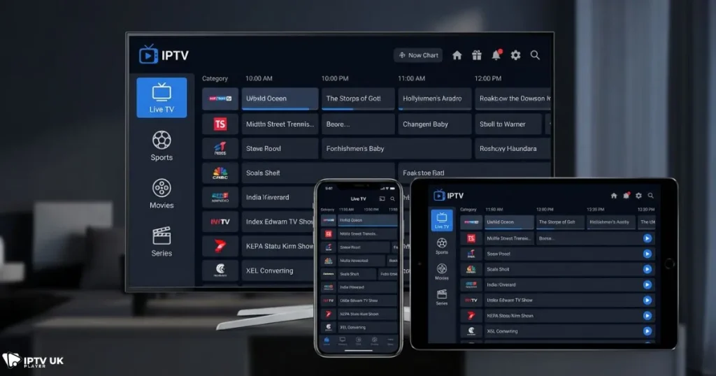 iptv xtream player app interface on multiple devices