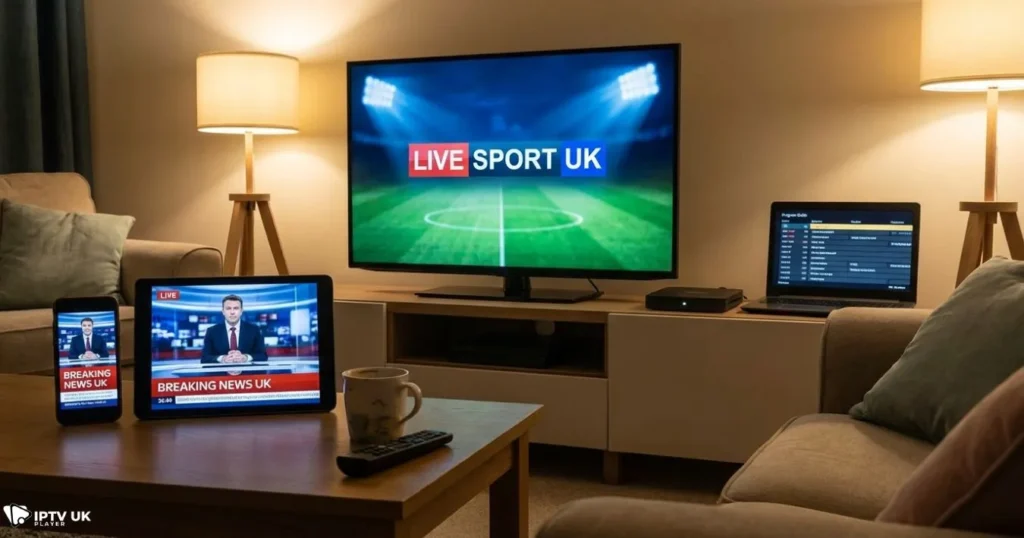 UK live TV IPTV streaming on smart TV, phone, tablet, and computer