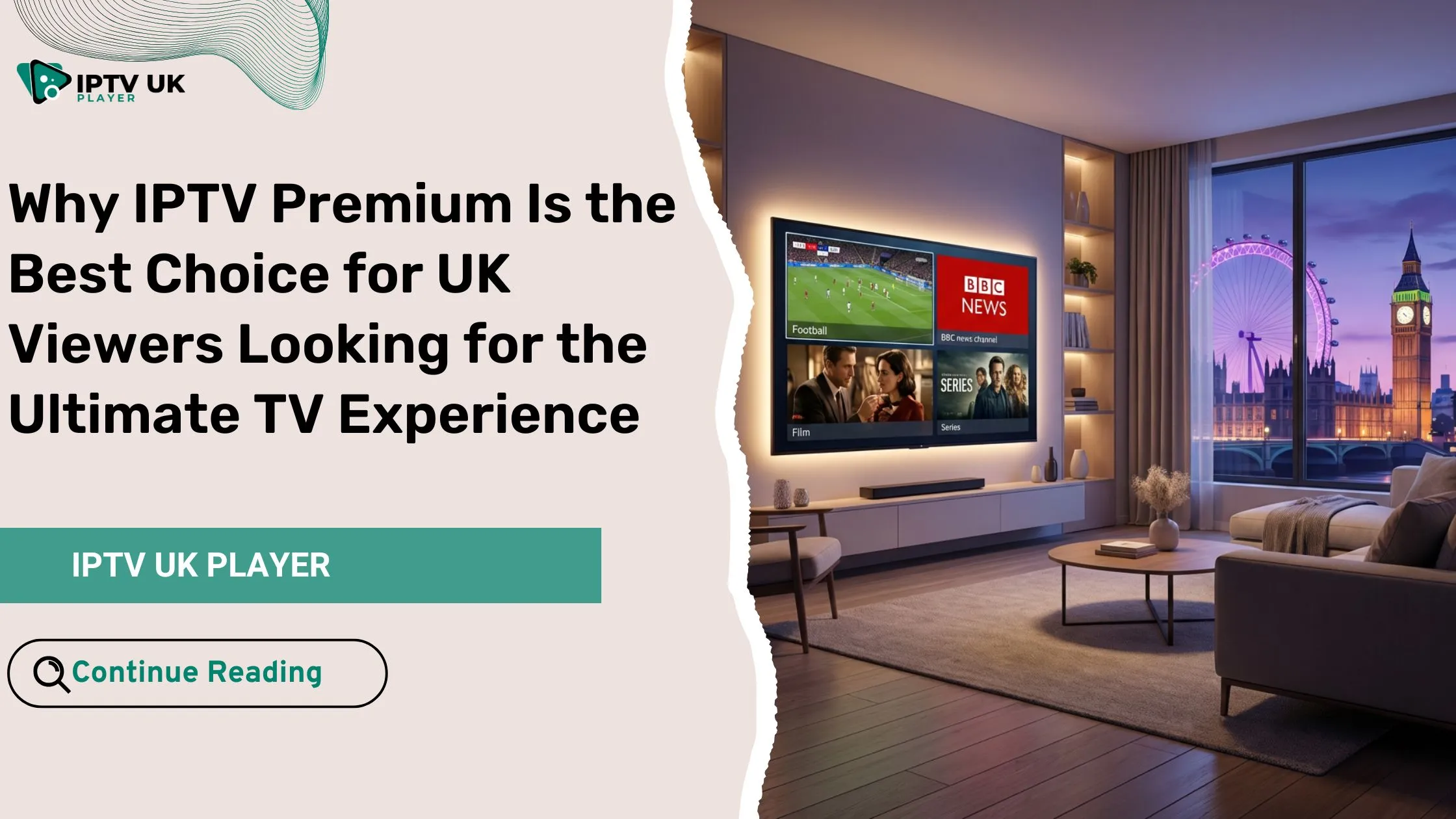 IPTV premium service showing live TV, sports, and movies for UK viewers