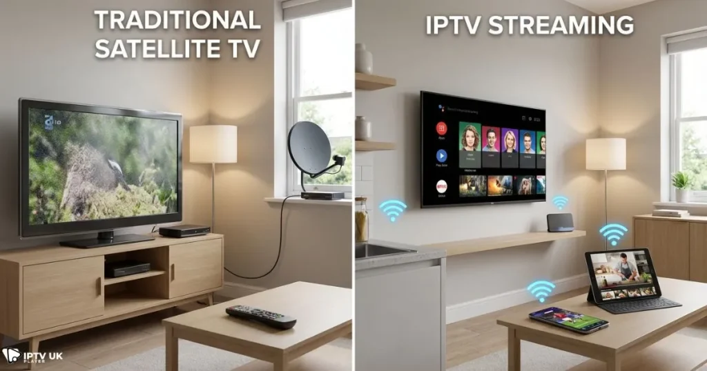 UK IPTV providers compared with traditional TV services in a modern home